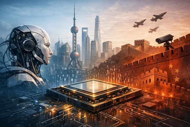Abstract visualization of AI chip architecture with Nvidia and Huawei Ascend logos, representing the software ecosystem lock-in keeping Chinese AI labs on Nvidia