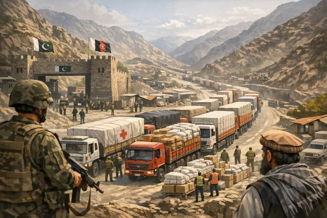 Illustration of humanitarian aid trucks crossing from Pakistan into Afghanistan through the Torkham border
