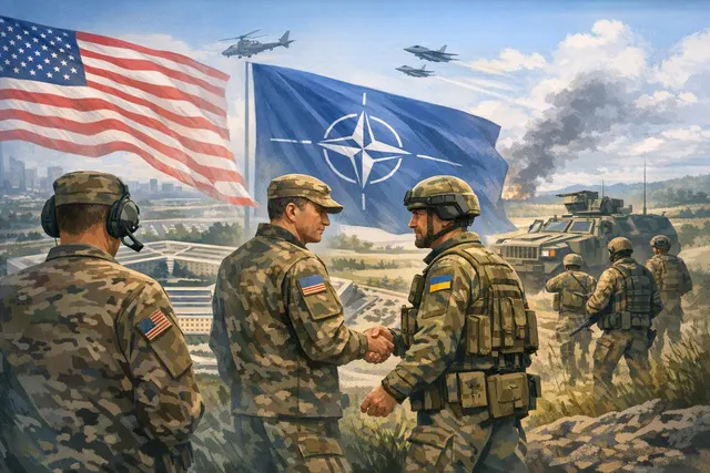 AI-generated editorial image showing the Pentagon building with NATO and Ukrainian flags, representing the transfer of the Security Assistance Group–Ukraine command.