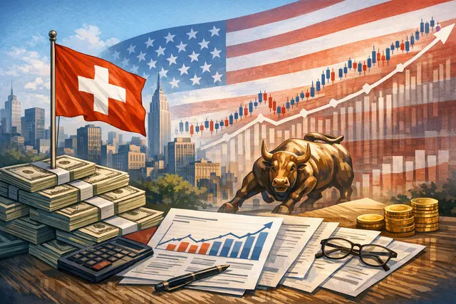 Swiss National Bank headquarters in Bern, Switzerland, with stock market charts and gold bars in the foreground, illustrating the central bank's record US equity portfolio and gold