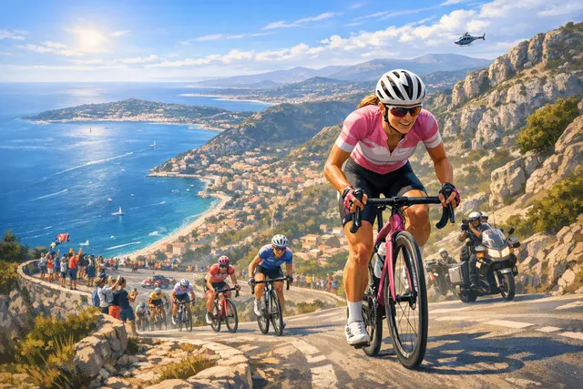 Demi Vollering celebrating her win at the 2026 Tour de France Femmes with the yellow jersey on the podium in Nice
