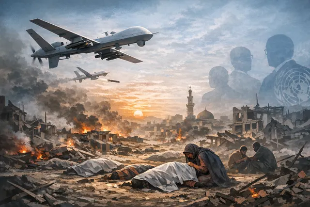 Aerial view of a smoke-filled residential area following a drone strike in Sudan, with damaged buildings and civilians fleeing the scene.