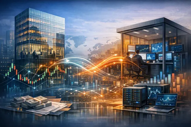 Abstract visualization of financial trading data and prime brokerage relationship flows between Barclays and Qube Research & Technologies