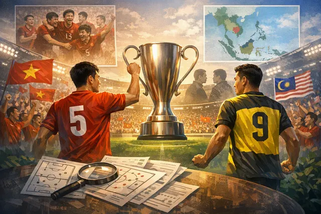 Dramatic aerial view of a football stadium packed with fans, with the flags of Vietnam and Malaysia prominently displayed, setting the scene for the ASEAN Cup 2026 semi-final.