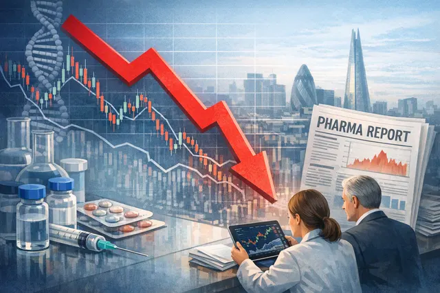 AstraZeneca share price chart and London Stock Exchange imagery representing 7.8% drop on merger news
