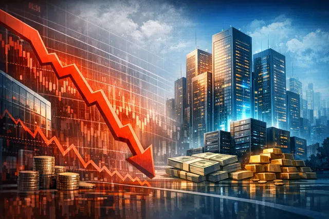 Editorial image illustrating financial tension in the enterprise software sector, with Oracle and SAP stock charts overlaid on AI data center imagery