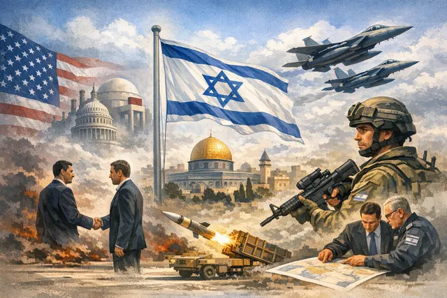 Israeli official scrutinizing a document labeled U.S.-Iran draft agreement, with imagery of missile and proxy network threats in the background.
