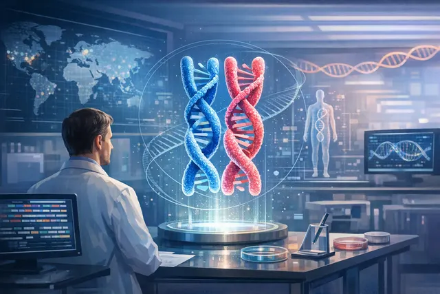 A conceptual illustration representing a complete human genome sequence with both maternal and paternal chromosomes, surrounded by a DNA helix and data points
