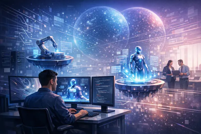 Illustration of an AI coding agent connected to enterprise software development tools and governance controls