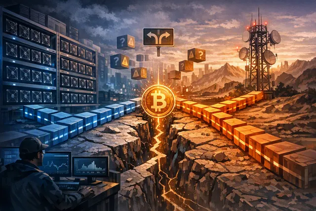 Visualization of a Bitcoin blockchain split at a block height, with two diverging chains representing a network fork.