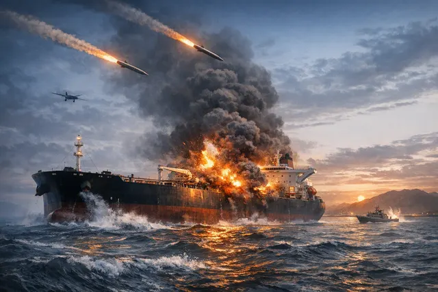 AI-generated illustration of a ballistic missile strike on an oil tanker in the Red Sea off Yanbu