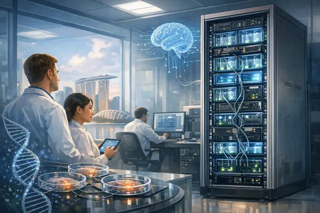 Editorial illustration of a biological computing rack combining living neural networks with silicon electronics