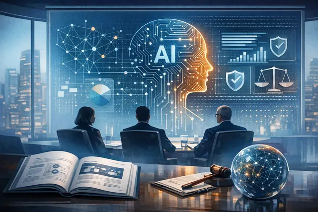 Conceptual illustration of a company board overseeing artificial intelligence governance and risk