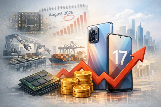 Xiaomi smartphone models on a table with a futuristic circuit board background, representing memory chips and AI technology