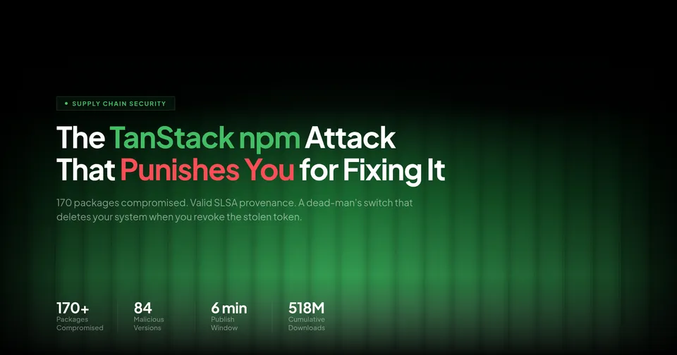 The TanStack npm Attack That Punishes You for Fixing It — 170+ packages compromised, 84 malicious versions, 6 min publish window, 518M cumulative downloads. # The TanStack npm Supp