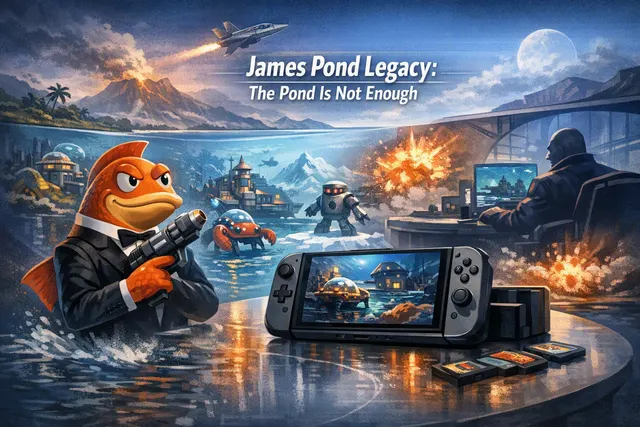 Stylized editorial illustration of James Pond Legacy, the retro spy-fish game collection coming to Nintendo Switch 2