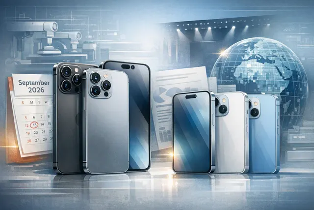 Digital illustration representing Apple's iPhone 18 lineup split: Pro Max and foldable Ultra on one side, standard iPhone 18 delayed to spring 2027, with a dollar sign graphic indi