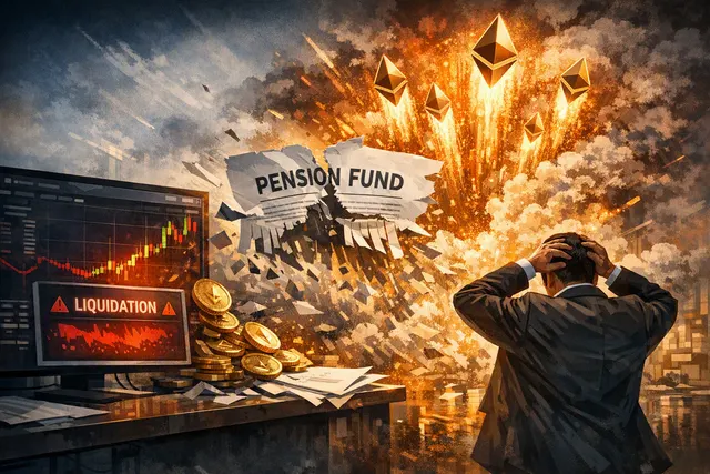 Editorial illustration of a leveraged Ethereum short position being liquidated during a sudden crypto rally