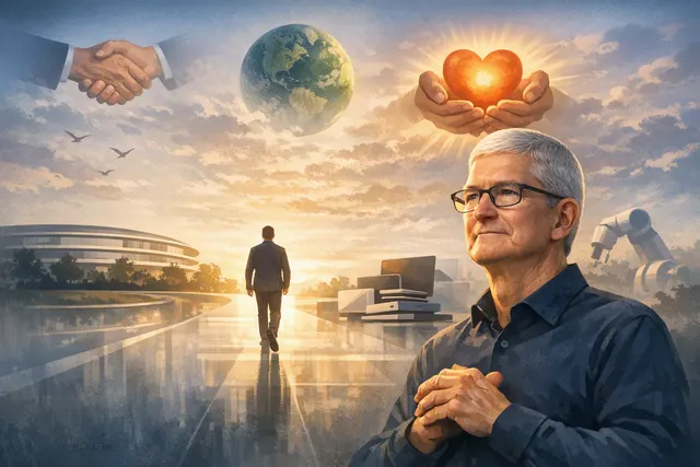 Editorial illustration of Tim Cook reflecting on his 15-year tenure as Apple CEO and upcoming leadership transition
