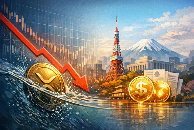 Crypto market charts with downward XRP price arrow, overlaid with Ripple RLUSD and Japan regulatory approval text