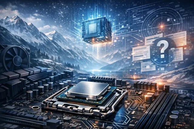 A conceptual illustration of an Intel processor chip, half illuminated in a cool blue DDR4-themed light and half in a futuristic neon pattern, symbolizing the strategic bridge betw