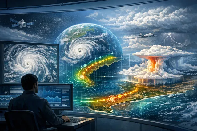 AI-generated visualization of a tropical cyclone over the ocean, representing Google DeepMind's WeatherNext AI cyclone forecasting model
