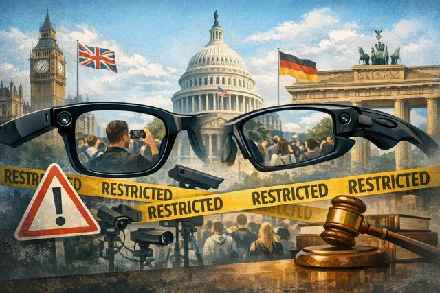 Illustration of camera-equipped Meta smart glasses and the privacy debate surrounding wearable recording