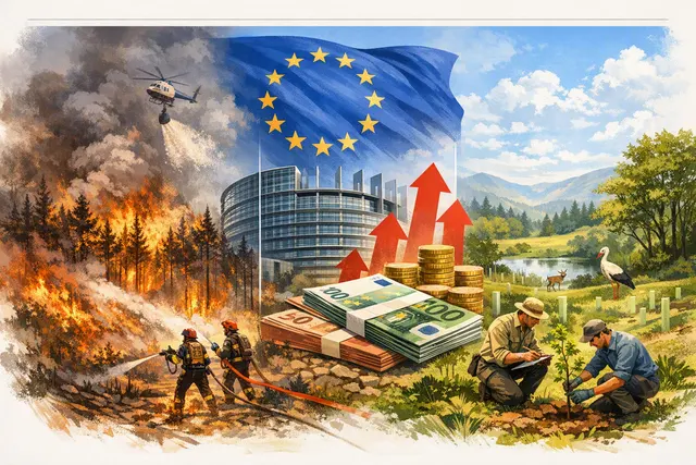Wildfire burning across a European landscape with smoke and flames visible, illustrating the 2026 summer wildfire season