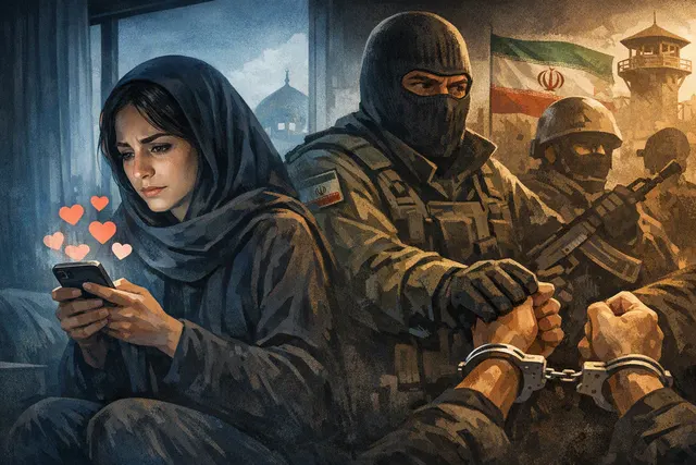Editorial illustration of an Iranian woman facing prison over Instagram reactions to posts by Benjamin Netanyahu and Donald Trump