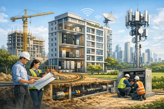 Illustration of a Singapore building with rooftop, lamp-post and basement telecommunications infrastructure