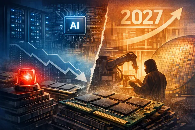Abstract illustration of semiconductor memory chips with glowing circuits and data streams, representing the global DRAM shortage and AI-driven demand for high-bandwidth memory