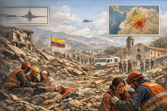 AI-generated editorial image depicting the aftermath of the 2026 Colombia earthquake, showing collapsed buildings and rescue efforts in a western Colombian city.