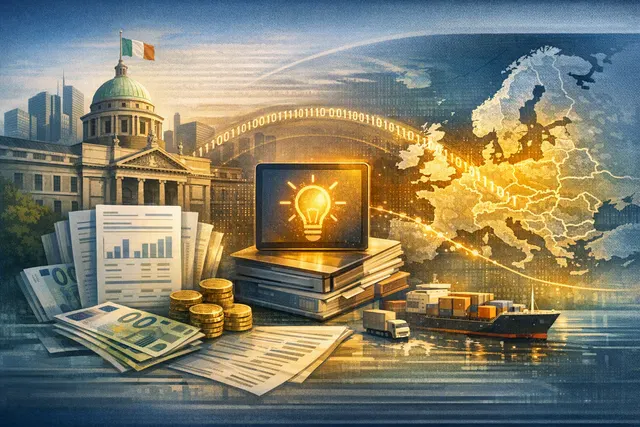 Editorial illustration of Apple and Ireland connected by tax documents, coins and a country-by-country reporting map