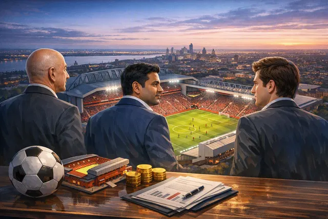 Editorial illustration representing the reported deal for a consortium led by Amit Bhatia, including Jeff Bezos and Eduardo Saverin, to acquire a minority stake in Liverpool FC.