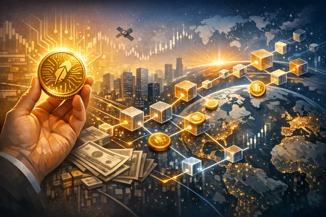 Editorial illustration of Robinhood Chain connecting tokenized stocks, Ethereum and 24/7 digital finance