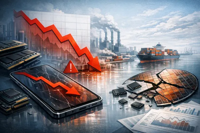 Samsung Galaxy S26 smartphone concept render on a table with data charts and memory chip graphics overlay