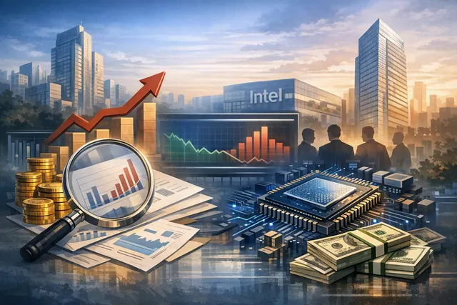 SoftBank Group headquarters in Tokyo, with financial charts and AI-related data overlays illustrating Q1 earnings, Intel gains, and OpenAI investment figures.