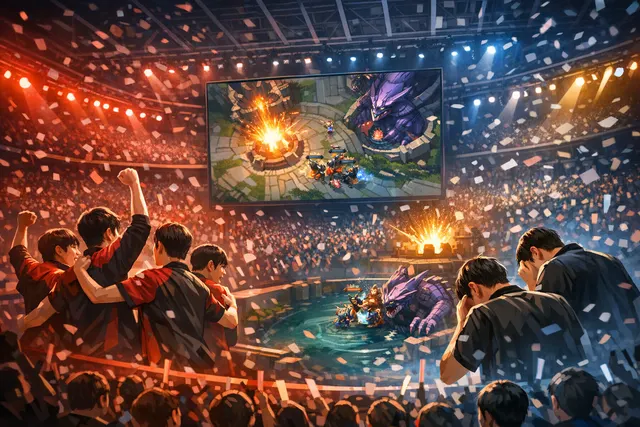 T1 players celebrating their 3-2 victory over Gen.G at the 2026 LCK Road to MSI qualifier, with a spotlight and red-blue arena lighting.