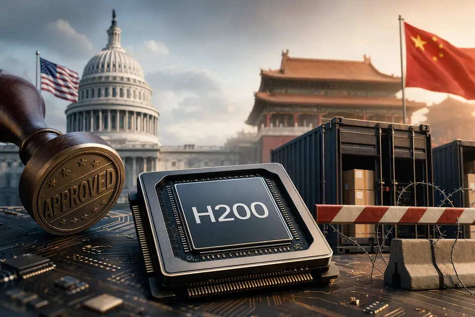 Illustration of Nvidia H200 AI chips amid US‑China technology trade tensions