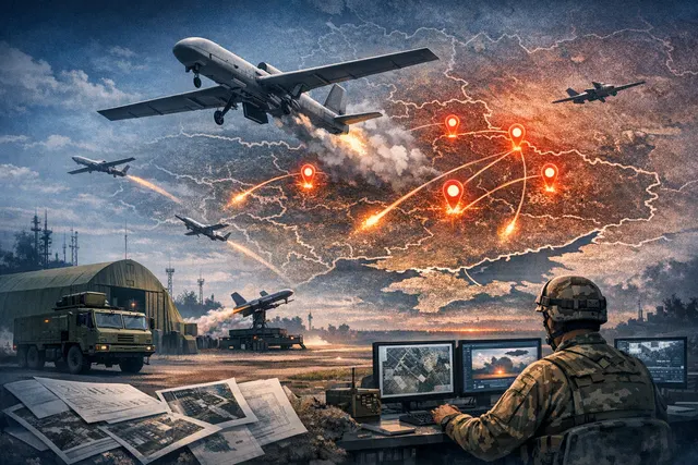 Illustration of Russian long-range attack drones launching from dispersed ground rails near the borders with Ukraine and Belarus