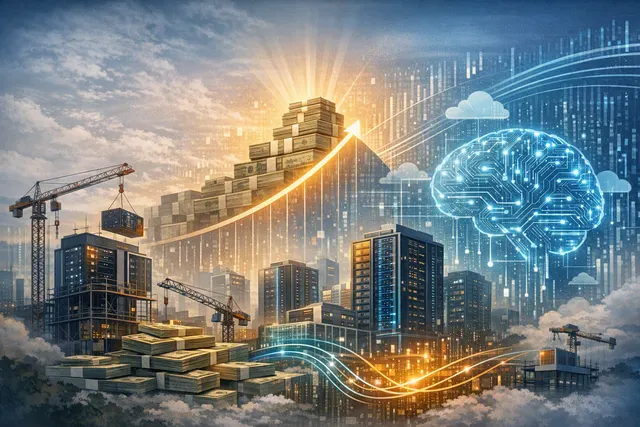 Editorial illustration of an AI data-center construction boom connected to corporate bonds, private credit, and financial markets