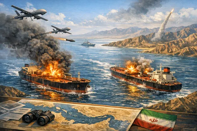 Oil tankers sailing through the Strait of Hormuz near the coast, under a hazy sky