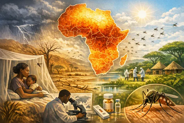 A map of Africa overlaid with warm colors indicating shifting malaria transmission risk zones by 2050, with icons representing extreme weather events like floods and cyclones.