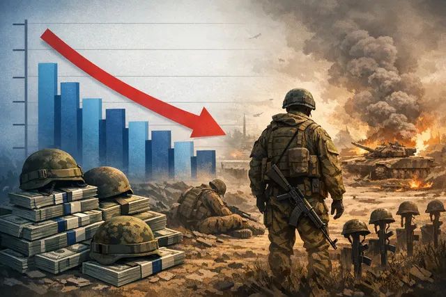 A map of Russia dissolving into silhouettes of soldiers, symbolizing the country's declining military recruitment and deepening manpower crisis.