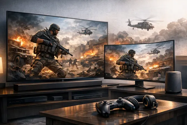 Illustration of Samsung gaming displays and audio equipment associated with the Call of Duty Modern Warfare 4 partnership