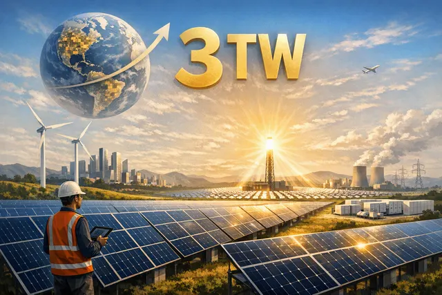 AI-generated illustration of a massive solar farm with transmission lines and a bright sun, representing the 3-terawatt solar milestone in 2026.