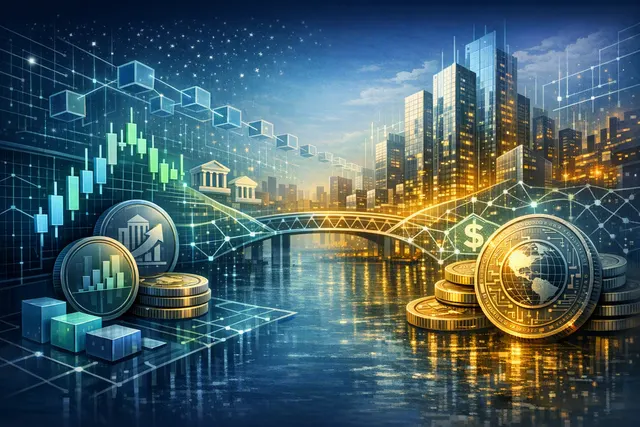 Abstract editorial illustration of Solana blockchain infrastructure connecting tokenized equities with digital-dollar liquidity