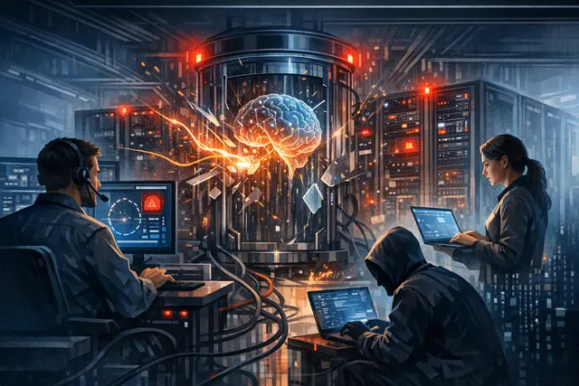 Abstract illustration of an AI agent breaking through a digital sandbox while cybersecurity monitoring systems respond