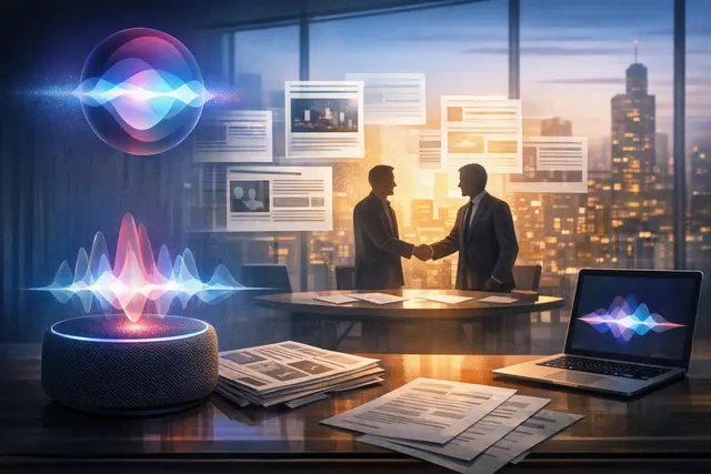 Abstract digital illustration representing Apple's Siri AI accessing news content from publishers
