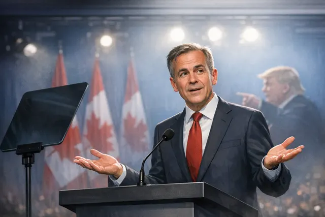 Canadian Prime Minister Mark Carney speaks at a podium with a malfunctioning teleprompter